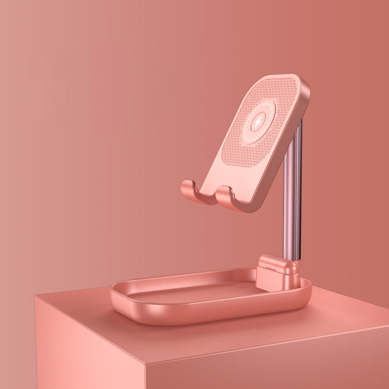 Skanto | Sammenleggbar og Justerbar Telefonholder med 10W Trådløs Hurtiglading, Opptil 25,8 cm, Lampe, Antiskli Panel, Mini Hylle, Passende for Telefoner og Nettbrett