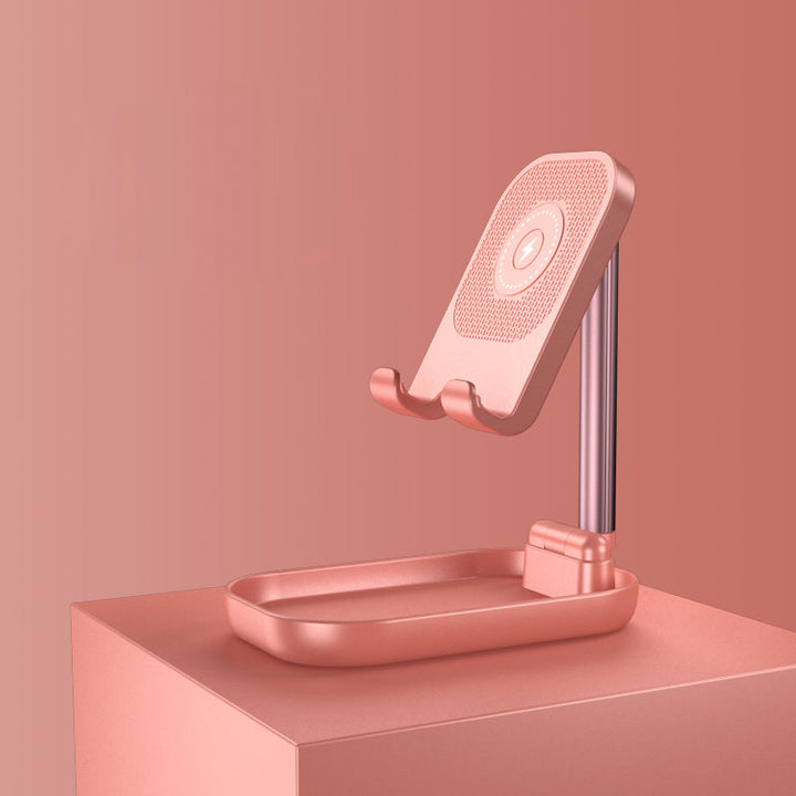 Skanto | Sammenleggbar og Justerbar Telefonholder med 10W Trådløs Hurtiglading, Opptil 25,8 cm, Lampe, Antiskli Panel, Mini Hylle, Passende for Telefoner og Nettbrett