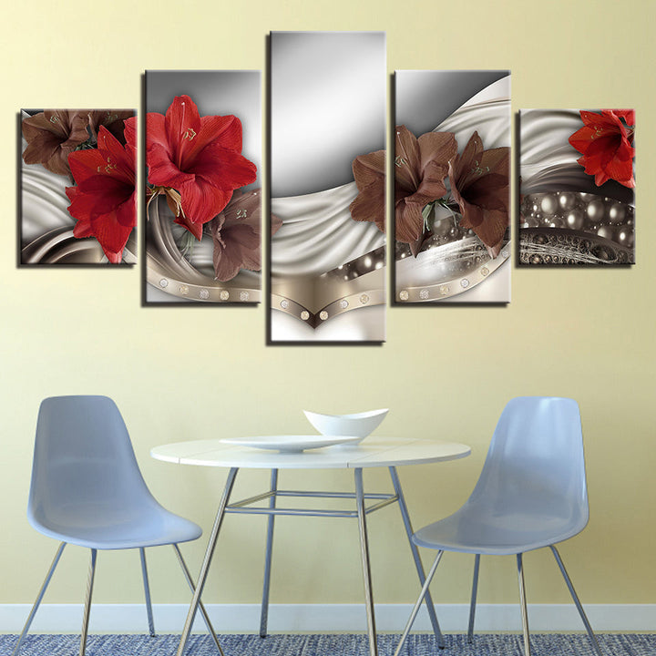 5-delt lerretsbilde med elegante røde blomster