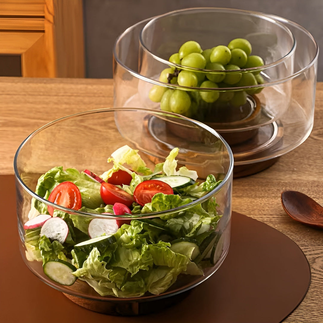 Glasskål med trebase – Elegant og dekorativ | Perfekt for frukt, snacks og salater på kjøkkenet | Skanto