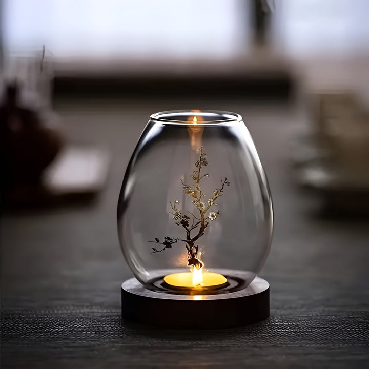 2-delt sett med lysestaker i glass med trebaser – dekorative i retro zen-stil | Perfekt for stuer, terrasser og uteområder