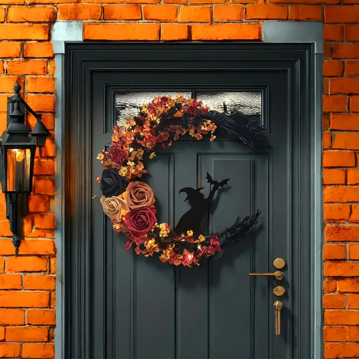 Skanto | Halloween Rustikk Heks Blomsterkrans | Halvmåne Dørdekorasjoner
