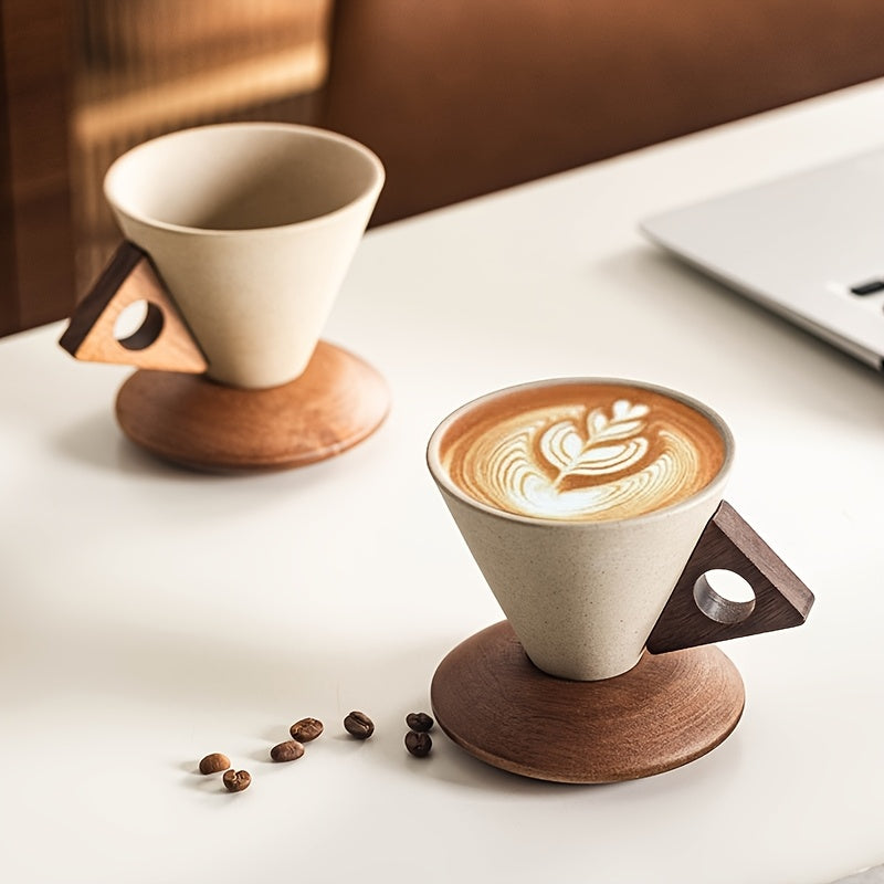 BaristaLuxe Keramisk Kaffekopp 250ml – Håndlaget med Trehåndtak og Underlag | Skanto