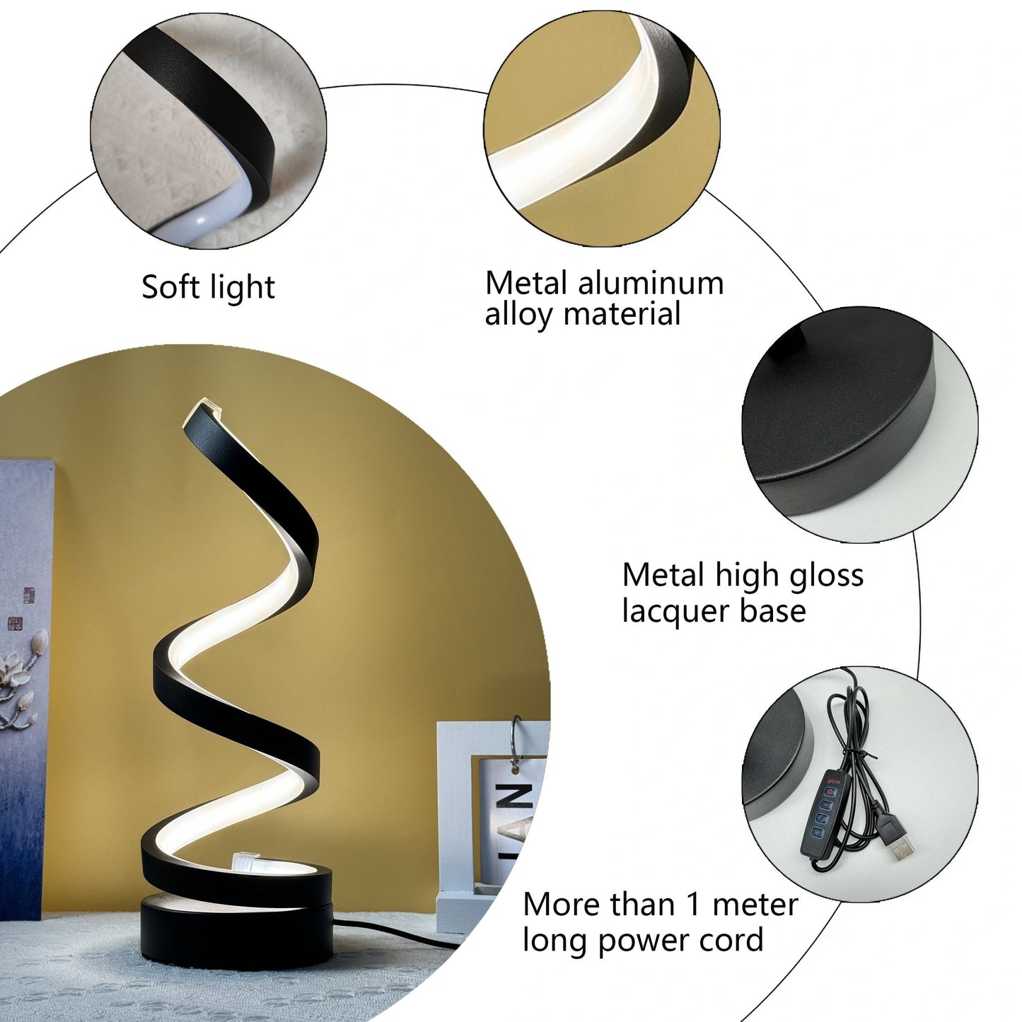 Norvo | Modern Spiral Table Lamp – Kreativ LED Skrivebordslampe med Mild Varme Lys, Perfekt for Soverom, Stue, og Studie Dekor