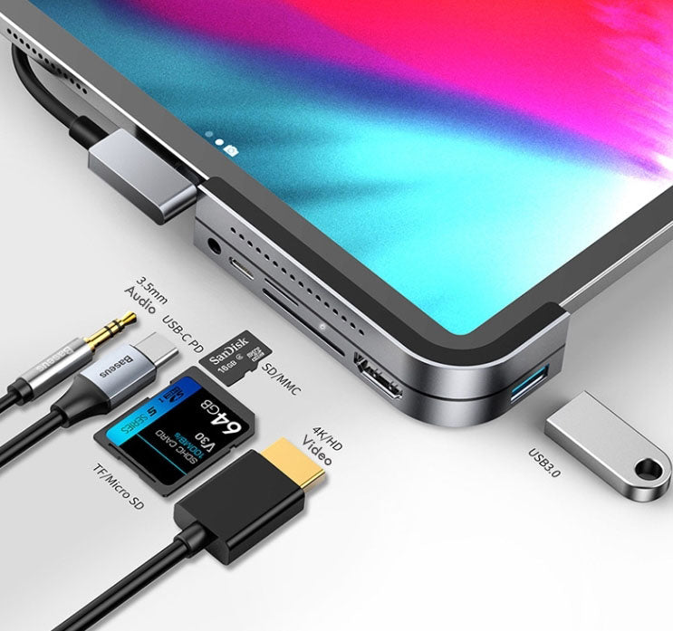 Skanto | 6-i-1 USB Type-C Hub Med USB3.0, SD, MicroSD, Lyd, 4K/HD & USB-C PD, For iPad Pro & Mer