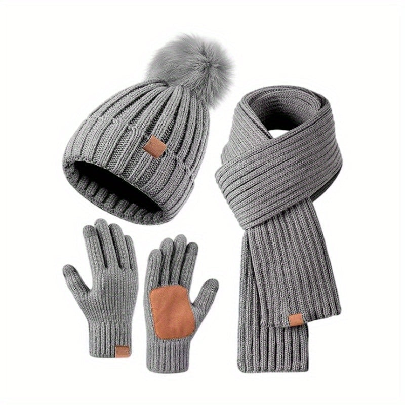 3-i-1-Strickwinter-sett med Mütze, Schal og Touchscreen-Handschuhen