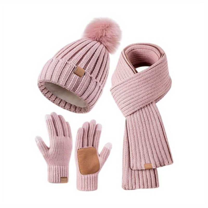 3-i-1-Strickwinter-sett med Mütze, Schal og Touchscreen-Handschuhen