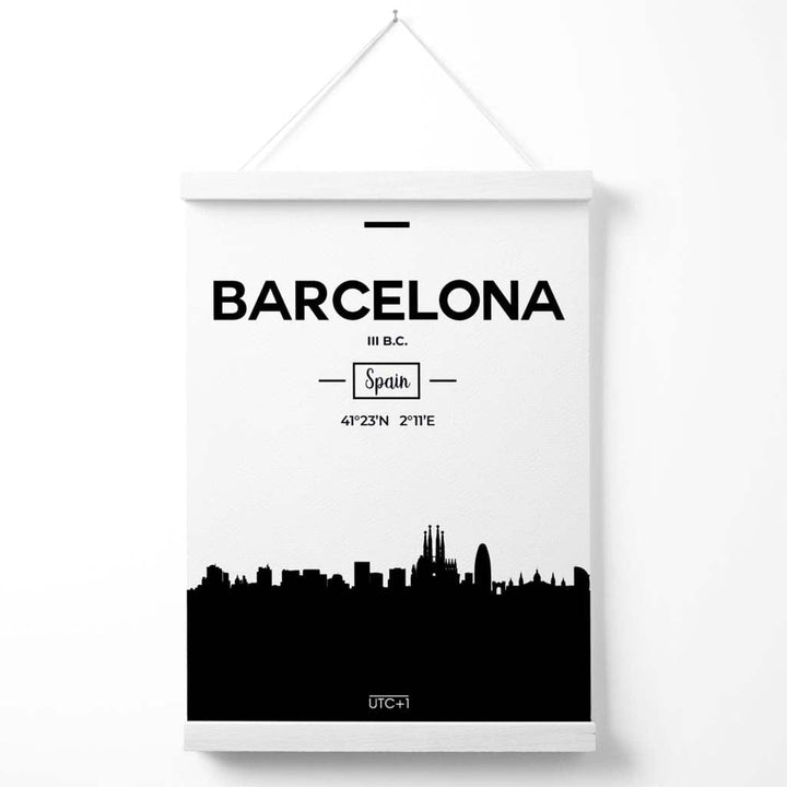 Barcelonas bybildeplakat i svart-hvitt med holder