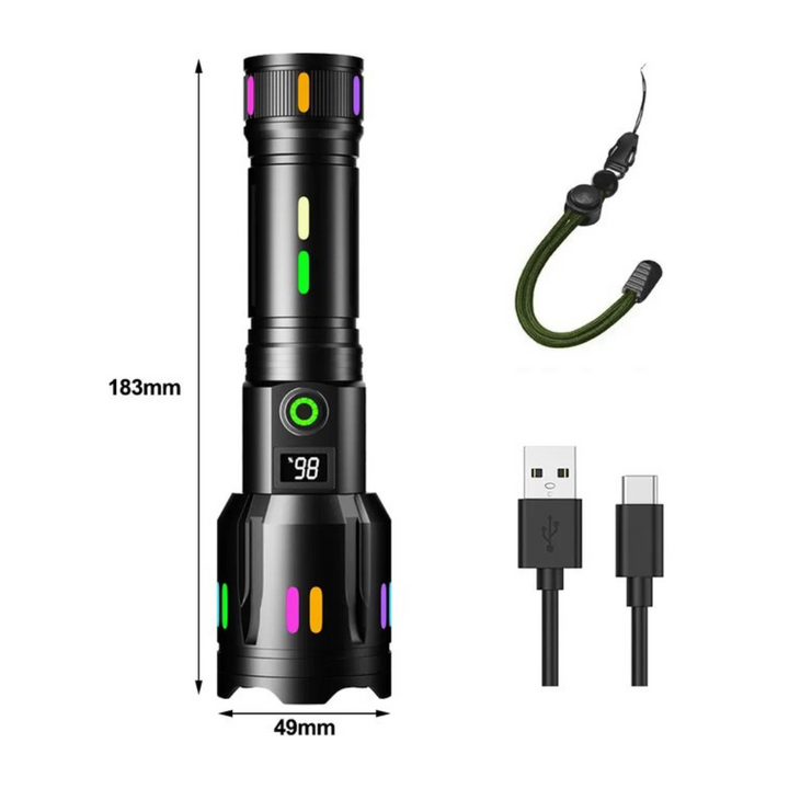 Skanto | LED-lommelykt med strømmåler – Oppladbar høyytelses lommelykt med glassknuser og USB-C