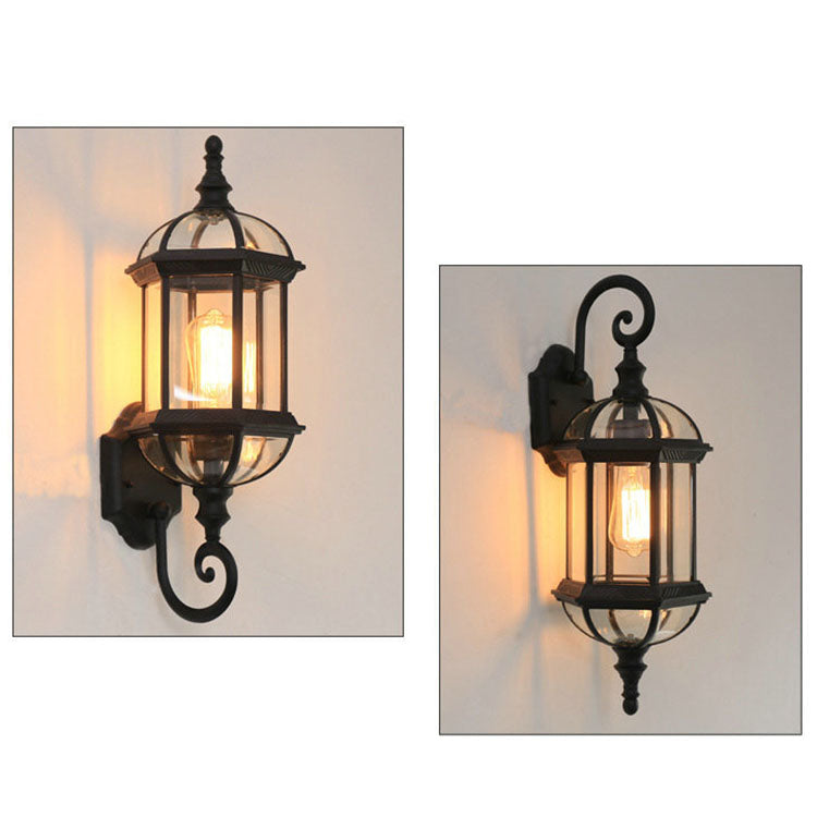 Vanntett, sekskantet vegglampe i aluminium og glass med én utendørslampe