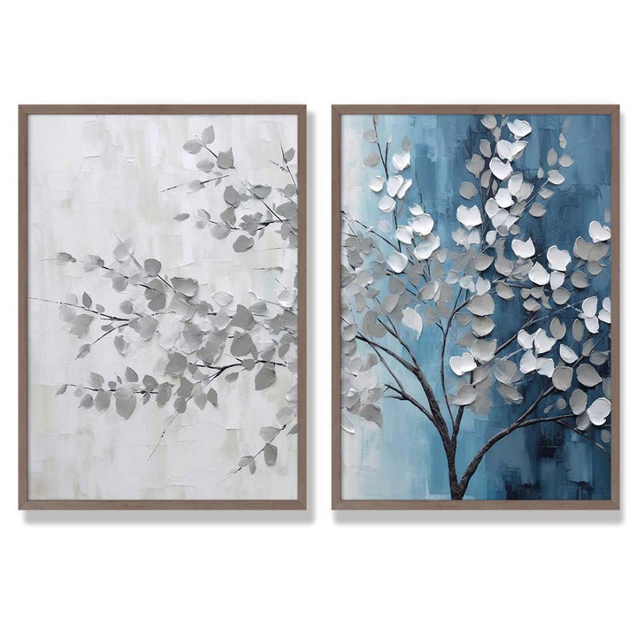 Blågrått tre-diptych, innrammet sett med 2 kunsttrykk