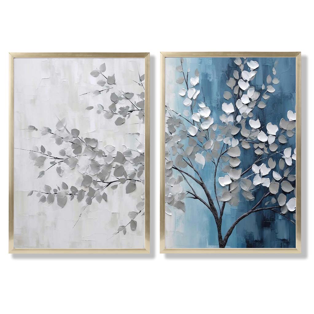 Blågrått tre-diptych, innrammet sett med 2 kunsttrykk