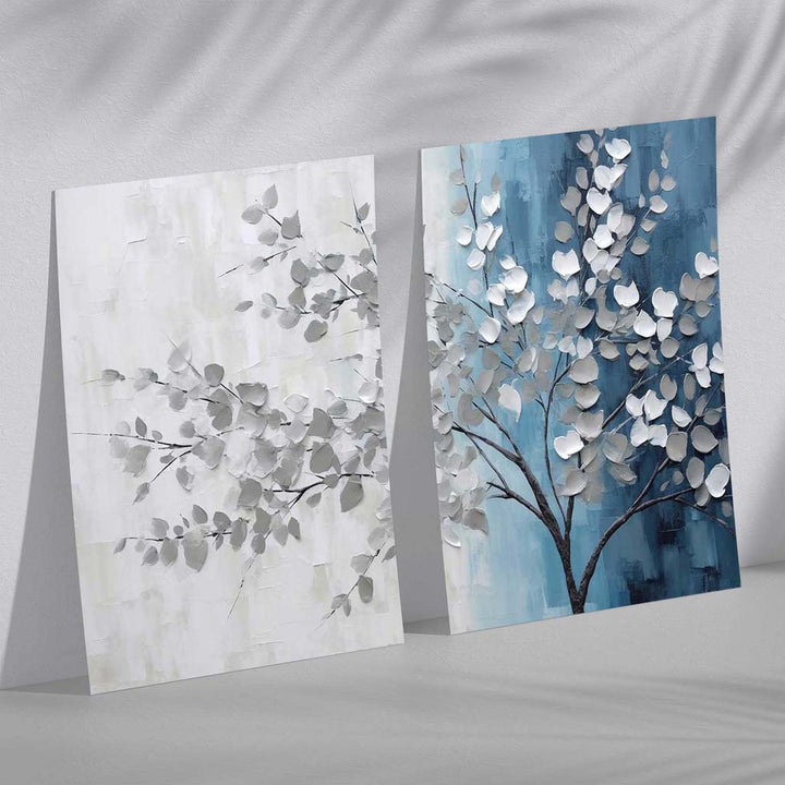 Blågrått tre-diptych, innrammet sett med 2 kunsttrykk