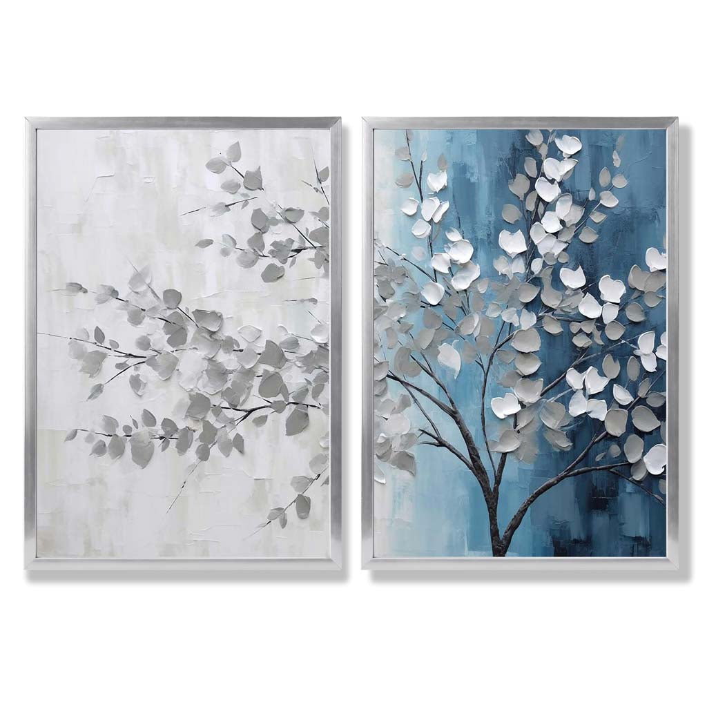Blågrått tre-diptych, innrammet sett med 2 kunsttrykk