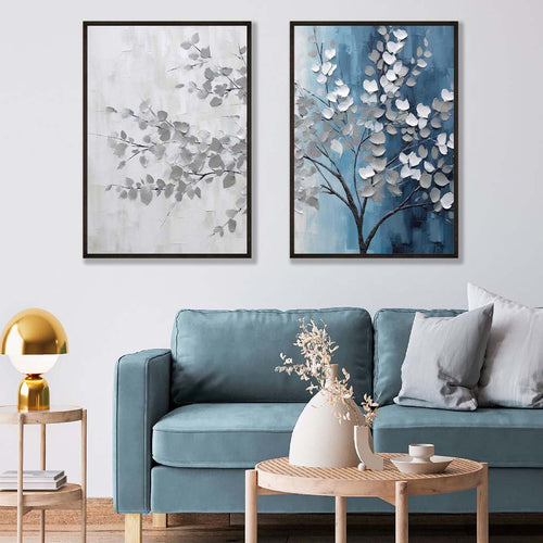 Blågrått tre-diptych, innrammet sett med 2 kunsttrykk