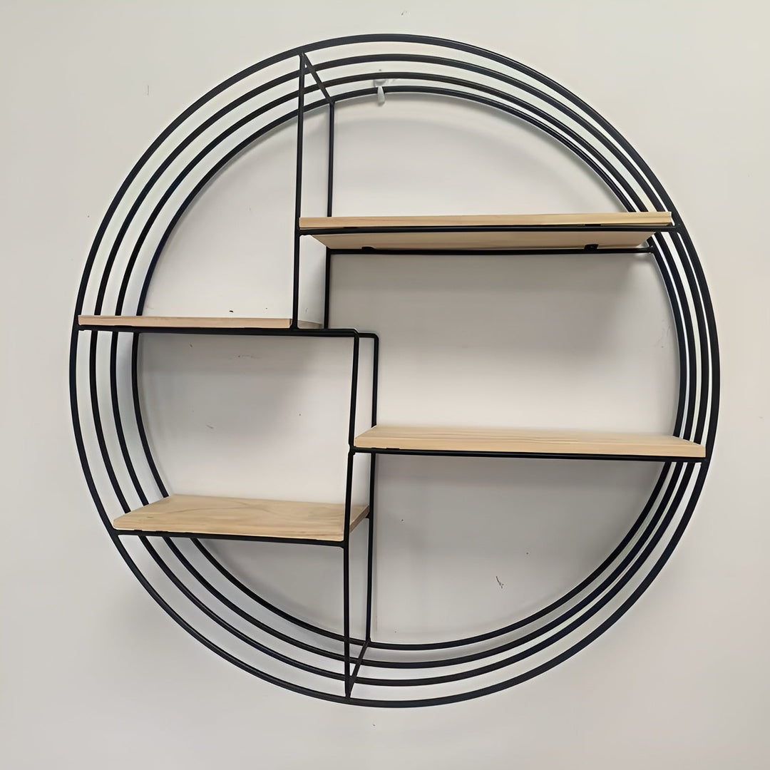 Rund Vegg hylle med 4 nivåer - Retro design laget av tre og metall | Dekorativ hengende hylle for stue, bad og soverom | Skanto