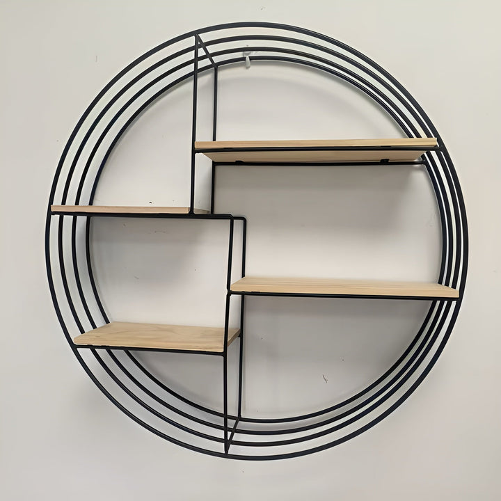 Rund Vegg hylle med 4 nivåer - Retro design laget av tre og metall | Dekorativ hengende hylle for stue, bad og soverom | Skanto