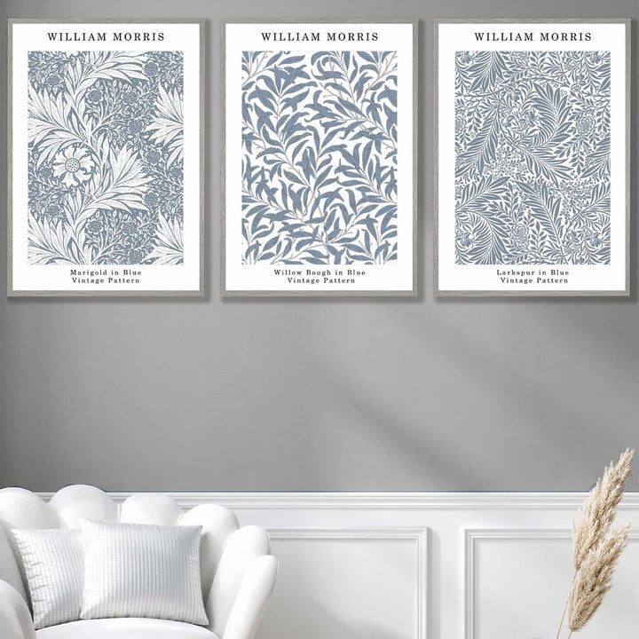 Blå William Morris Vintage blomstersett med 3 veggkunstverk