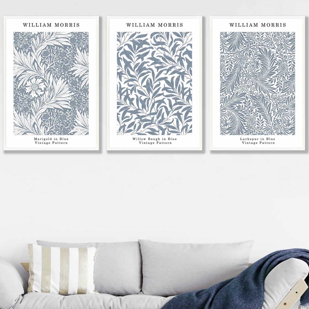 Blå William Morris Vintage blomstersett med 3 veggkunstverk