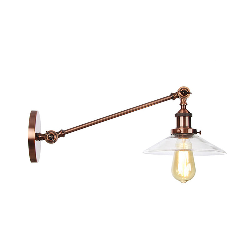 Innendørs vegglampe med 1 lys, vintage, svart/messing/bronse, lysarmatur med konisk, gjennomsiktig glassskjerm, 8"/12" L-arm