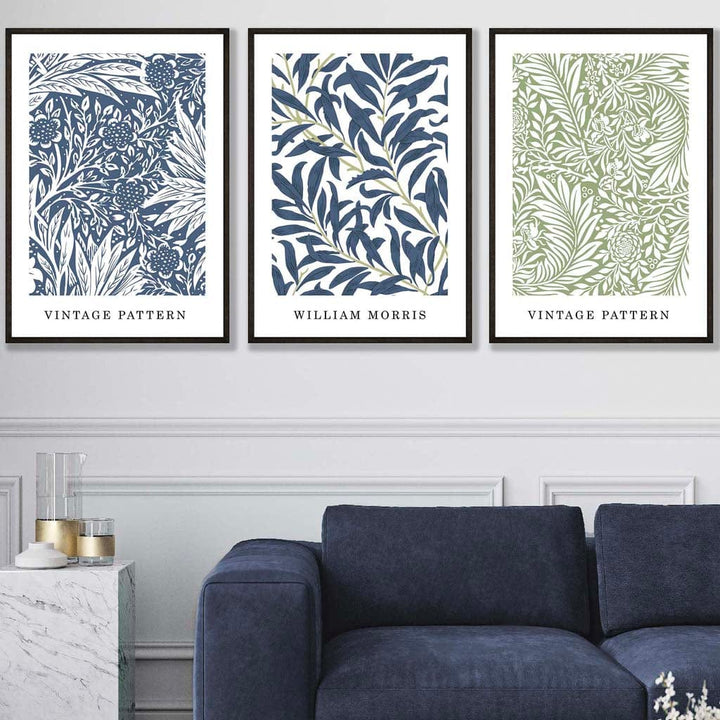 Blå og grønne William Morris Vintage blomstersett med 3 veggkunsttrykk