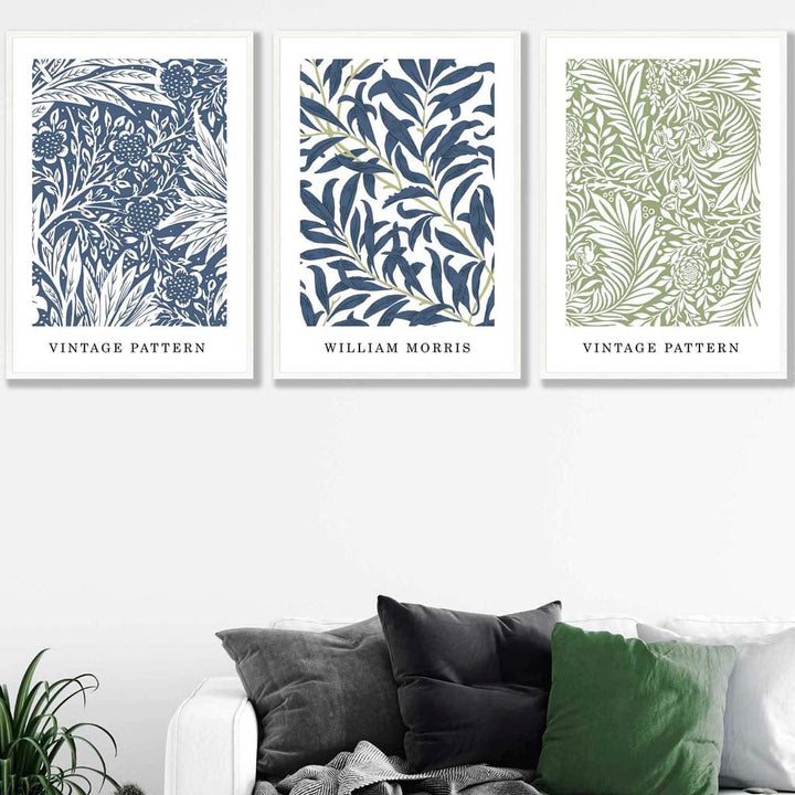 Blå og grønne William Morris Vintage blomstersett med 3 veggkunsttrykk