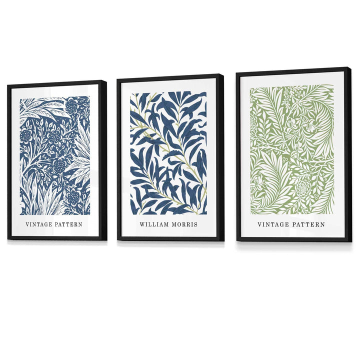 Veggkunst med innrammede vintage blomstermotiver i William Morris-stil i blått og grønt