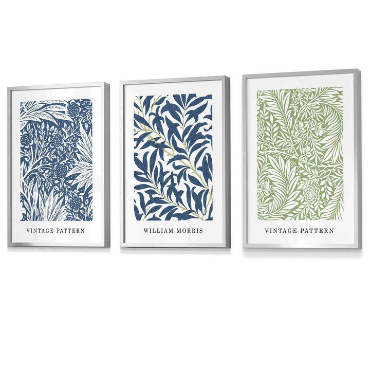 Veggkunst med innrammede vintage blomstermotiver i William Morris-stil i blått og grønt