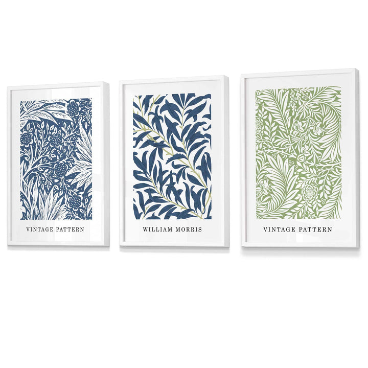 Veggkunst med innrammede vintage blomstermotiver i William Morris-stil i blått og grønt