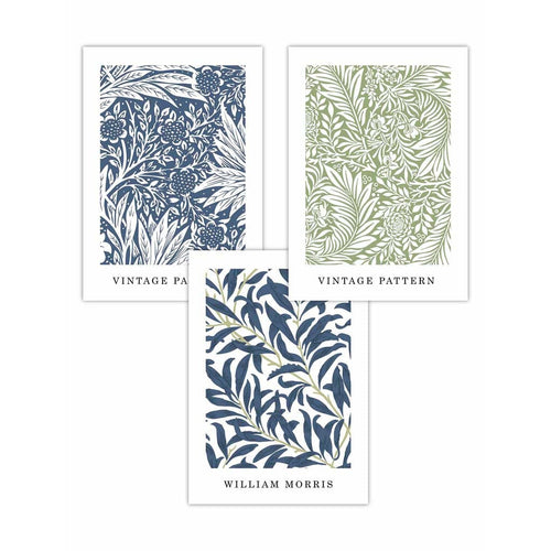 Blå og grønne William Morris Vintage blomstersett med 3 veggkunsttrykk