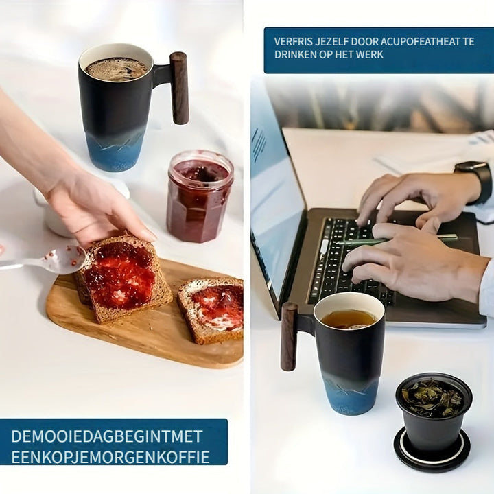 Skanto | TeaCraft Keramisk Kopp | Håndlaget | Med Te Filter og Trehåndtak | Retro Design