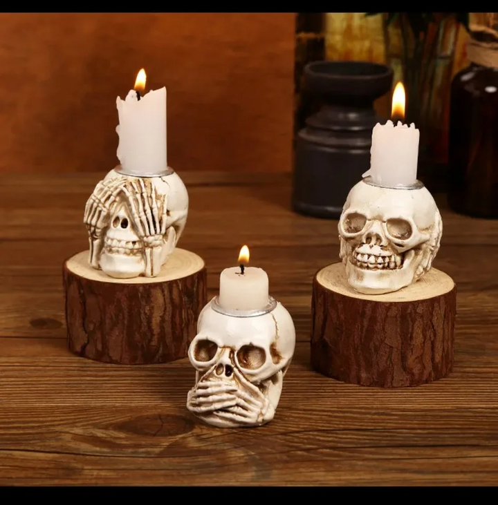 Skanto | GothicGlow 3pc Halloween Hodeskalle Lysestake Sett