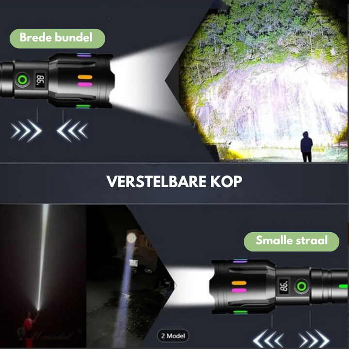 Skanto | LED-lommelykt med strømmåler – Oppladbar høyytelses lommelykt med glassknuser og USB-C