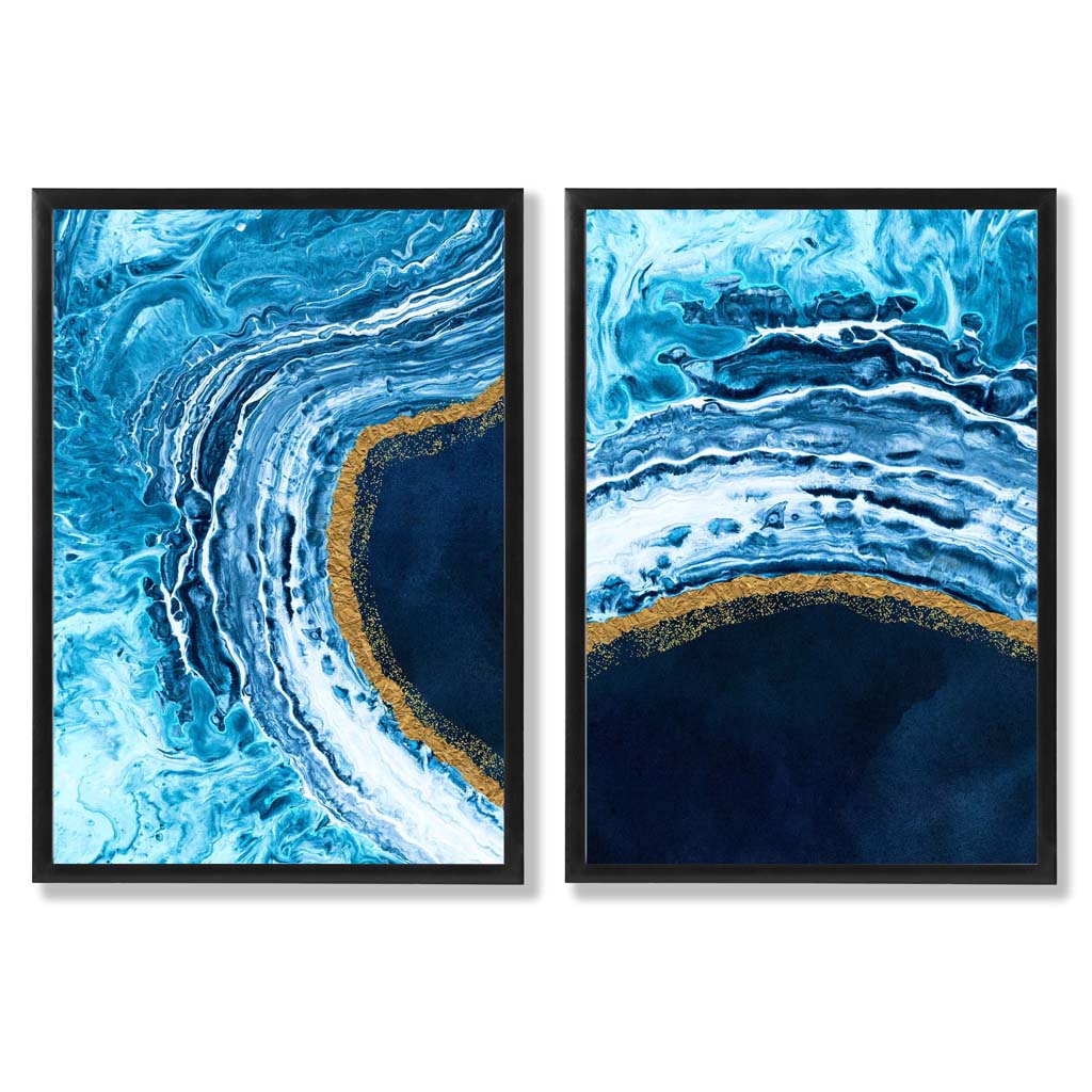 Abstrakt havmotiv i blått og gull, innrammet sett med 2 kunsttrykk med rammer
