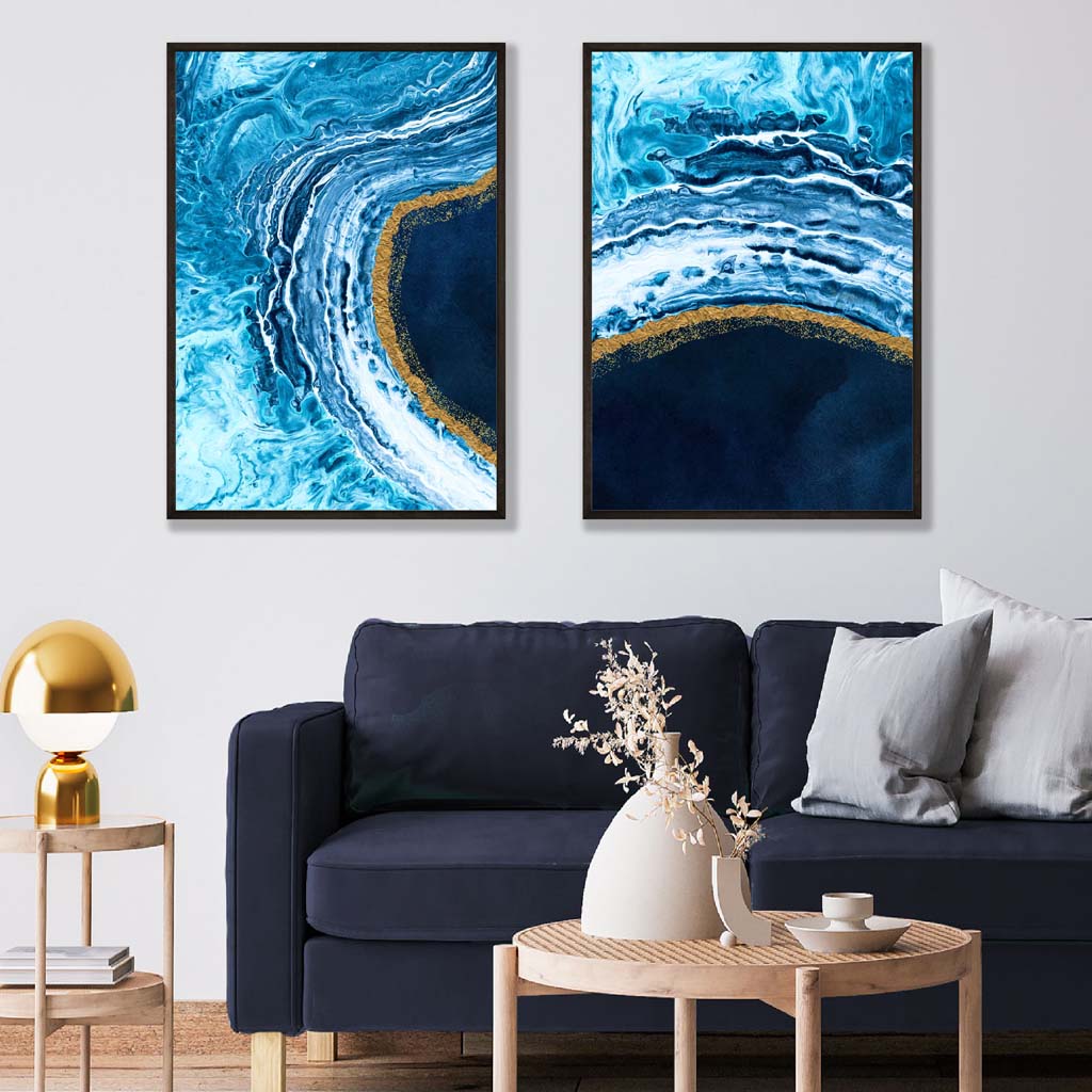 Abstrakt havmotiv i blått og gull, 2 kunsttrykk