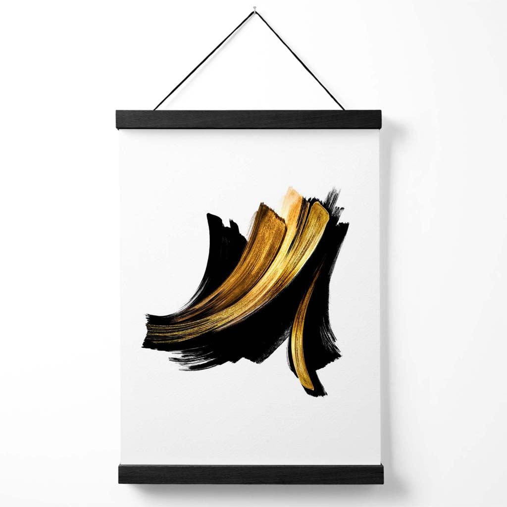 Abstrakt plakat med penselstrøkmønster i svart og gull, inkludert oppheng.