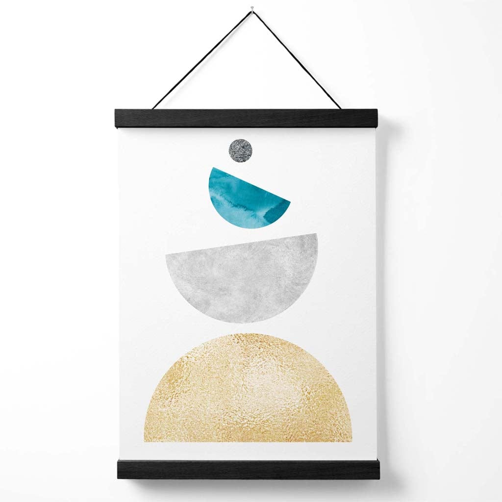 Turkis og gul plakat med halvsirkler i mid-century-stil, geometrisk design, inkludert oppheng