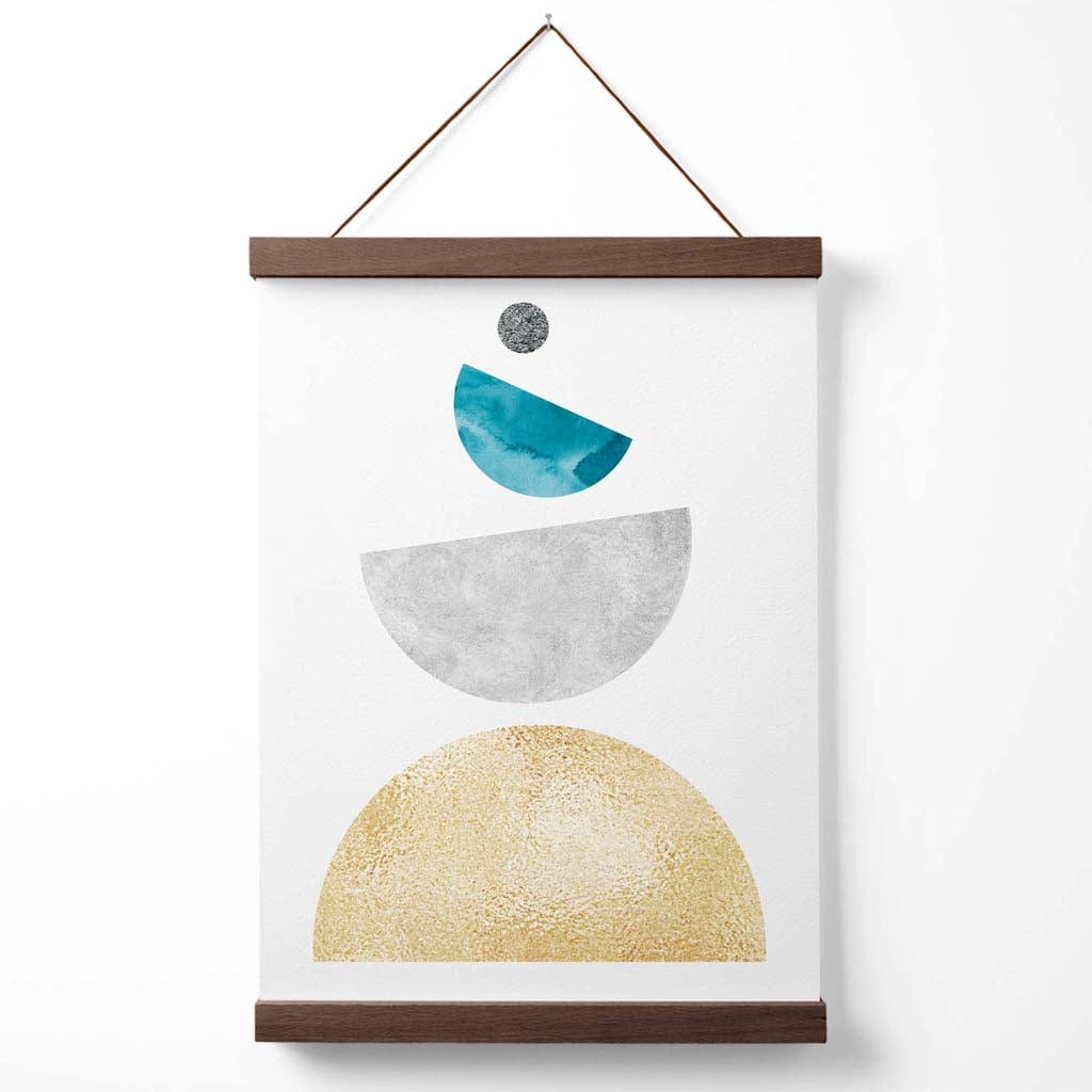 Turkis og gul plakat med halvsirkler i mid-century-stil, geometrisk design, inkludert oppheng
