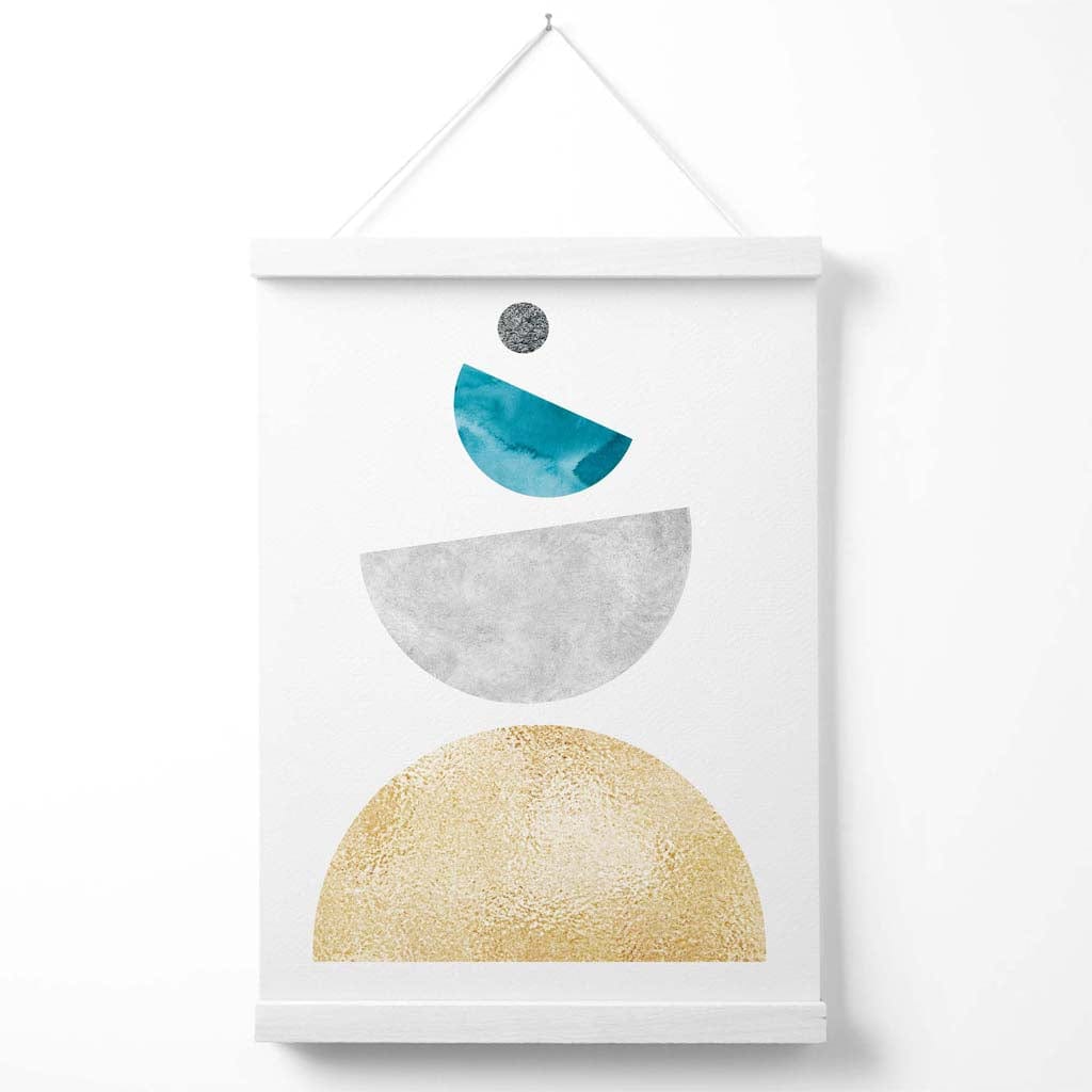 Turkis og gul plakat med halvsirkler i mid-century-stil, geometrisk design, inkludert oppheng