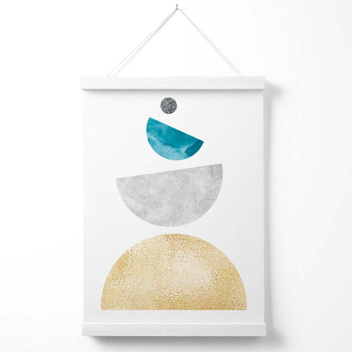 Turkis og gul plakat med halvsirkler i mid-century-stil, geometrisk design, inkludert oppheng