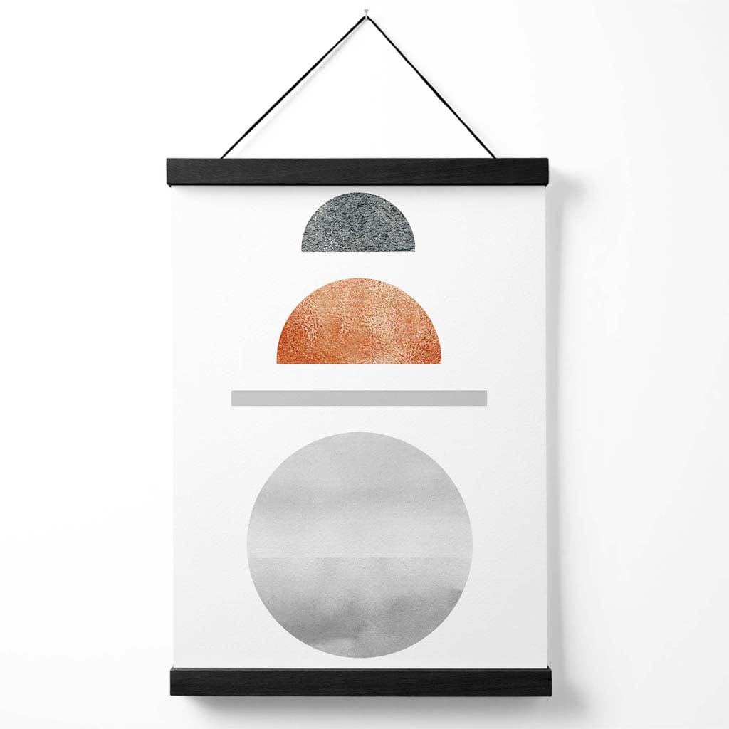 Halvmåneplakat i midten av århundret-stil i kobber og grått med geometrisk mønster og oppheng