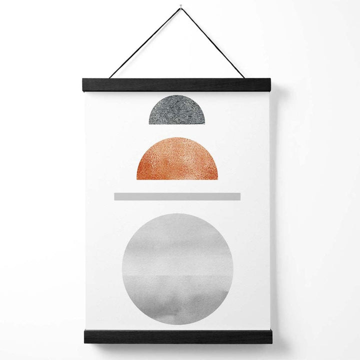 Halvmåneplakat i midten av århundret-stil i kobber og grått med geometrisk mønster og oppheng