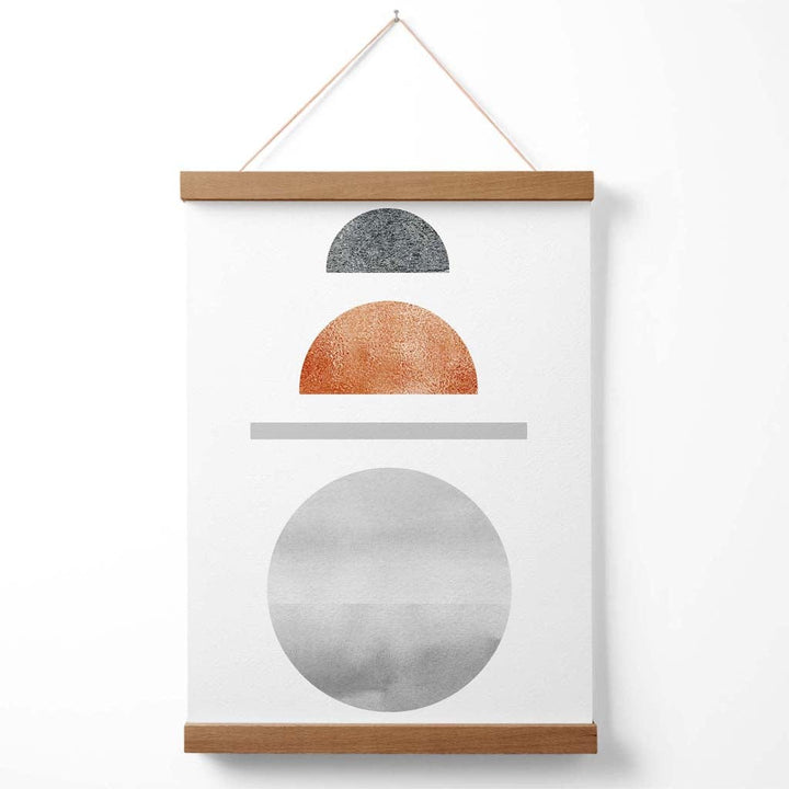Halvmåneplakat i midten av århundret-stil i kobber og grått med geometrisk mønster og oppheng