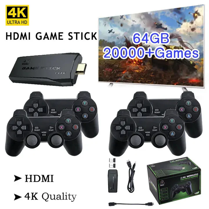 Skanto | HDMI 4K TV Spill Sticks Konsoll | 64GB med 20 000+ Retro Spill & 2 Trådløse Spillkontrollere