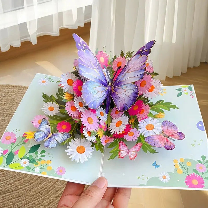 3D Pop-up-hilsenkort – Fargerike sommerfugler og tusenfryd med konvolutt