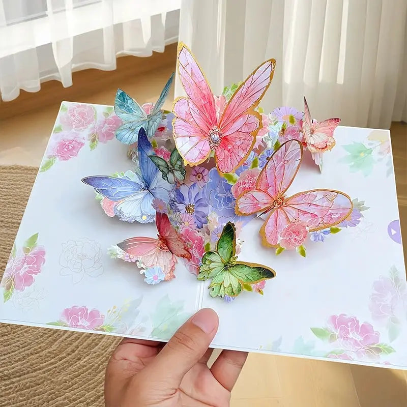 3D Pop-up-hilsenkort – Fargerike sommerfugler og tusenfryd med konvolutt