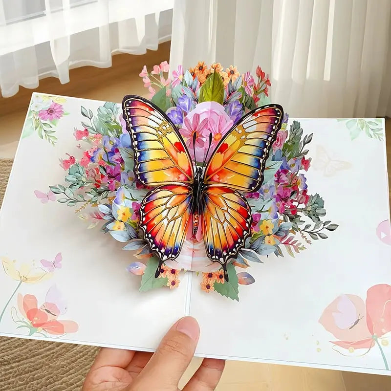 3D Pop-up-hilsenkort – Fargerike sommerfugler og tusenfryd med konvolutt