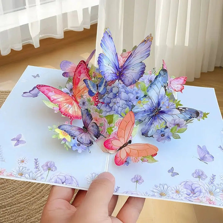 3D Pop-up-hilsenkort – Fargerike sommerfugler og tusenfryd med konvolutt