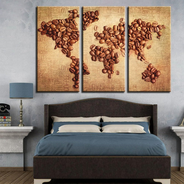 Vakker abstrakt kaffebønne verdenskart - Lerret veggkunst maleri 3 deler | Skanto