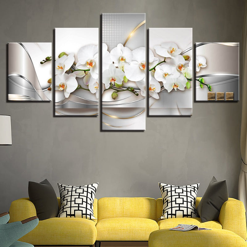 5-delt Golden Hue Hvit Blomster - Lerretsveggkunst Maleri | Skanto